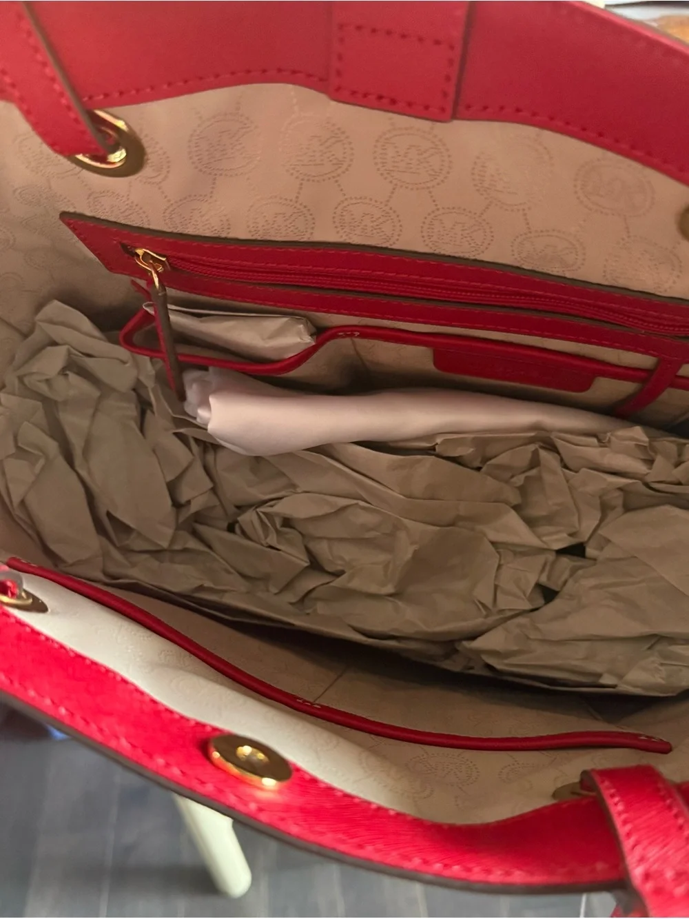 Michael Kors Red Saffiano Leather Tote with Gold MK Charm - Picture 3 of 5